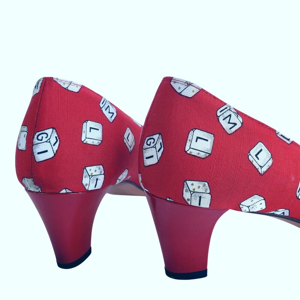 Bruno Magli 80s Vintage Red Heels 7.5 Novelty Dice Leather Canvas Rare Italy - Picture 3 of 14